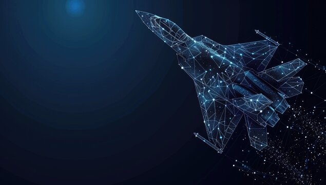 Abstract fighter jet ascends, digital design, dark background. Use Technology