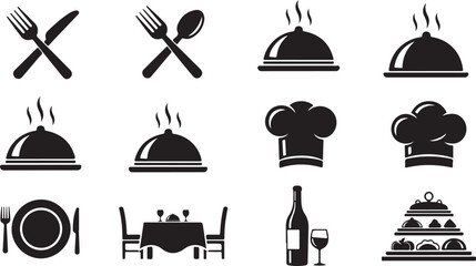 Set of restaurant and dining icons including cutlery chef hats food cloches and table settings for hospitality