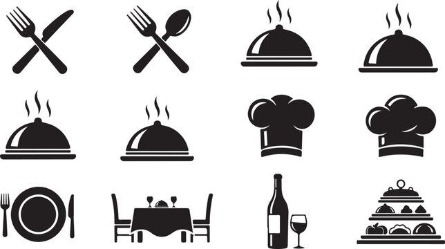 Set of restaurant and dining icons including cutlery chef hats food cloches and table settings for hospitality