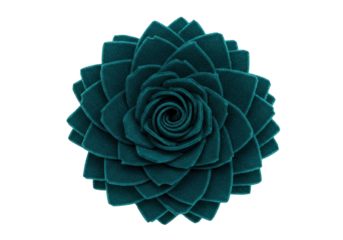 Teal flower isolated on transparent background, decorative felt rosette with spiral center for crafts and embellishments