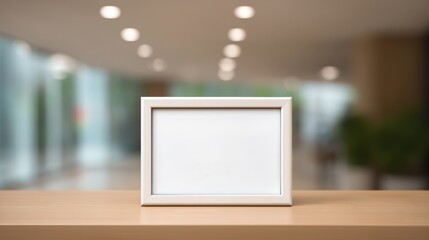 Empty photo frame on a wooden surface, with blurred lights in the background.
