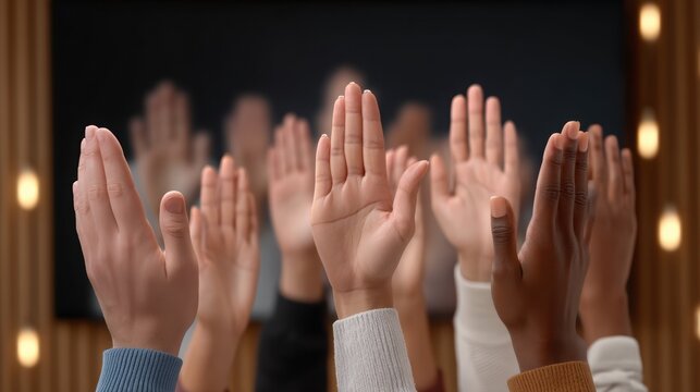 Hands raised against a blurred background, symbolizing participation and engagement in a group setting.