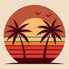 Retro sunset palm trees beach scene