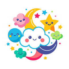 Cute kawaii celestial elements with happy faces