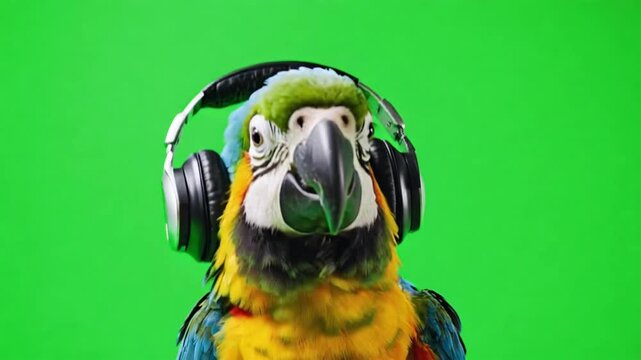 A dancing parrot bobbing its head to music rhythm, wearing headphones, green screen background, fun and colorful