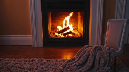 Cozy fireplace ambiance with flickering flames and a warm blanket in a rustic living room - Powered by Adobe