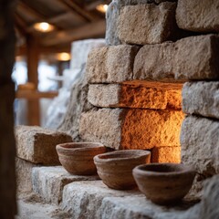 Naklejka premium Clay pots on stone oven with warm glow in rustic setting.