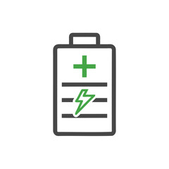 Obraz premium Green battery icon with plus and lightning bolt symbols