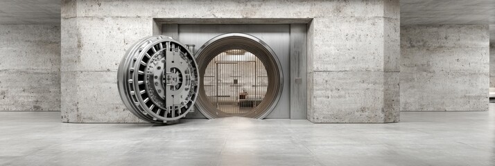 A large round vault door stands open, revealing the secure interior of a modern facility. The walls are made of concrete, emphasizing durability and safety.