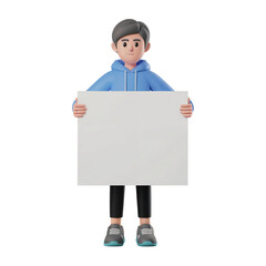 Cartoon Man Holding a Blank White Sign on Transparent Background 3D Rendering