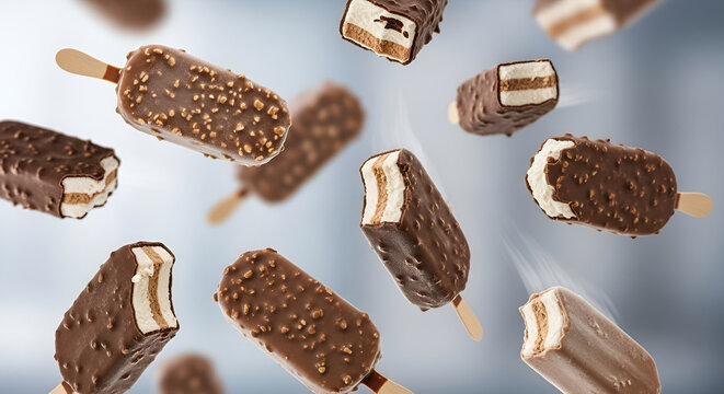A collection of various ice cream bars with chocolate coating and nuts, floating in the air.