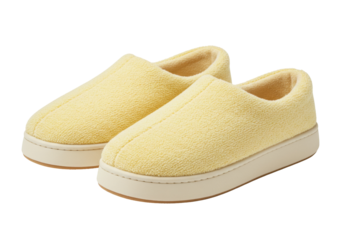 Pair of yellow terry cloth slippers isolated on transparent background, comfortable footwear for home and relaxation