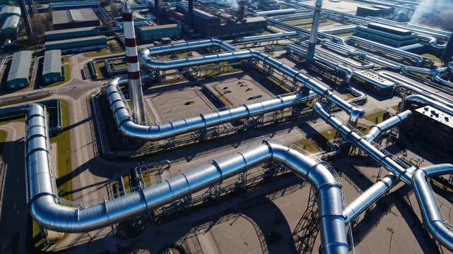 Aerial View of Industrial Complex with Extensive Pipeline System Exhibiting Complex Infrastructure and Network of Tubes for Efficient Operation
