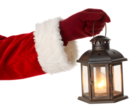A gloved hand in a red Santa Claus costume holds a vintage lantern. The lantern is lit, casting a warm glow. The background is transparent and isolated. - Powered by Adobe