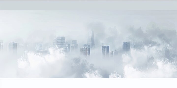 Skyline view city buildings shrouded in clouds, aerial. Use for climate change