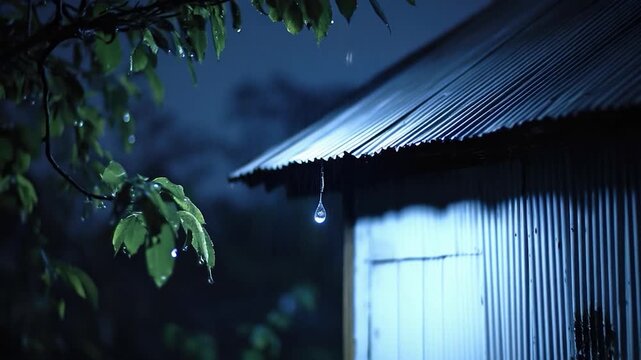 A single raindrop hangs from a tree branch outside a building