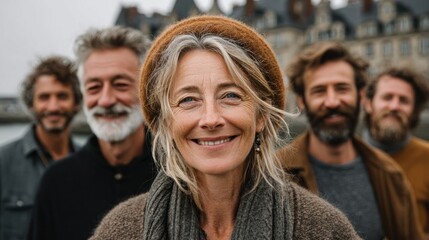 Obraz premium Group of five people smiling in a relaxed outdoor setting during a cloudy day near a historic building