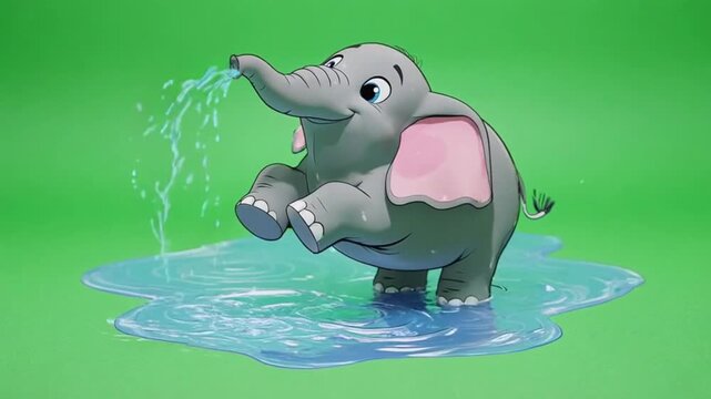 An animated baby elephant splashing in a puddle, playfully spraying water with its trunk, full green screen background, cartoon-style