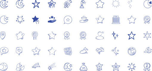Collection of Hand-Drawn Star and Celestial Icons in Blue