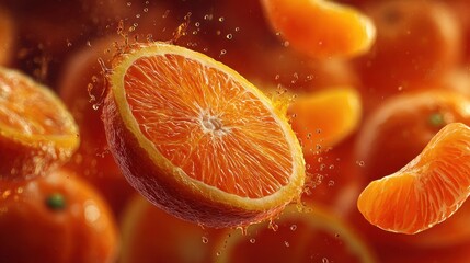 Sliced orange floating in juice with splash effect captured against a vibrant background of fresh oranges
