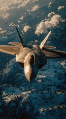 Obraz premium Fighter jet soaring above breathtaking cloud formations during sunset with a stunning landscape below