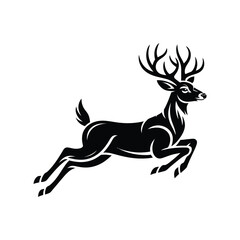 Majestic stag leaping with antlers against white background