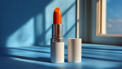 Close up of an open orange lipstick tube with its cap off on a blue surface near a window