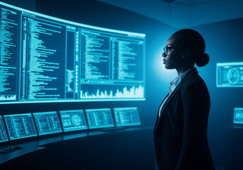 Woman in dark suit analyzing glowing blue digital data screens in a modern office