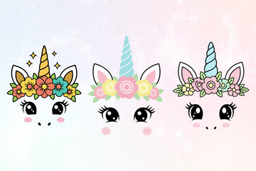 Three adorable cartoon unicorn faces decorated with colorful flowers and sparkly horns © Md Faysal Ahmed