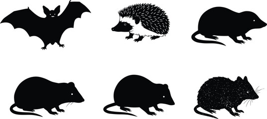 Silhouettes of small mammals, bat hedgehog mole rat mouse shrew, nocturnal wildlife illustration, animal diversity design, forest creatures vector set, cad drawing flat vector illustration