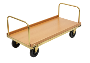 Wooden platform trolley with brass frame isolated on transparent background, utility cart for moving heavy objects and industrial transport