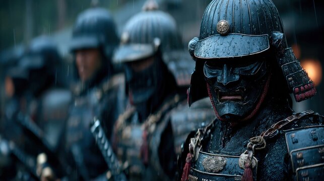Samurai warriors stand ready in the rain during a historical reenactment in a forested location at dawn