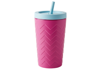 Pink chevron tumbler with blue lid and straw isolated, reusable drinkware for kids and adults, sustainable lifestyle