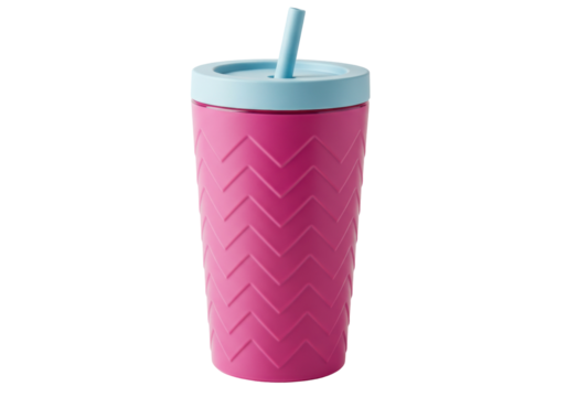 Pink chevron tumbler with blue lid and straw isolated, reusable drinkware for kids and adults, sustainable lifestyle