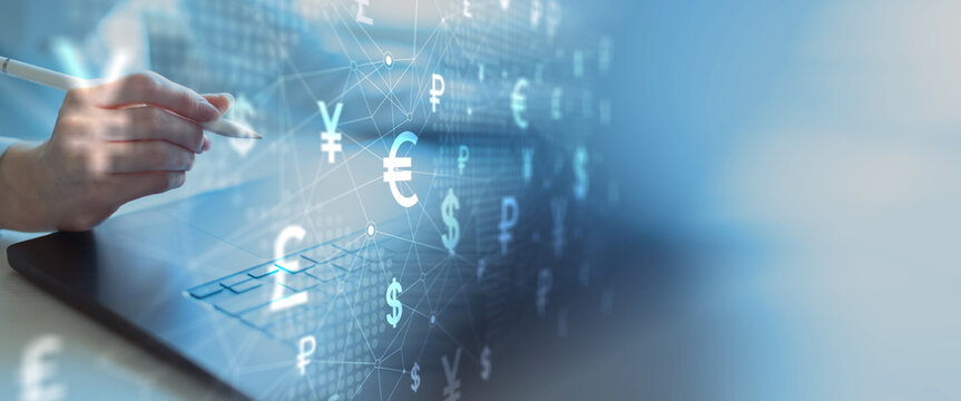 Global Currency Symbols Network Interface on Digital Tablet in Financial Technology Environment.