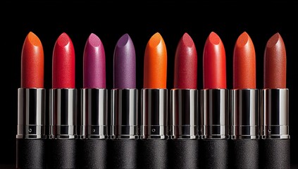 A row of vibrant lipsticks in various shades displayed against a sleek black background in a studio shot