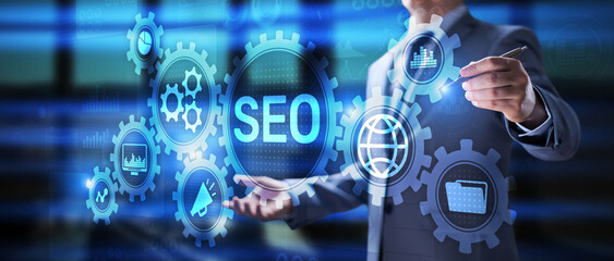 SEO Search engine optimisation online digital internet marketing concept on virtual screen.