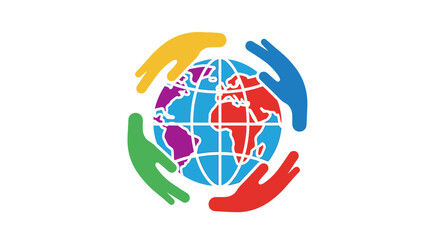Fototapeta premium Multicultural unity depicted by colorful hands embracing globe signifying togetherness