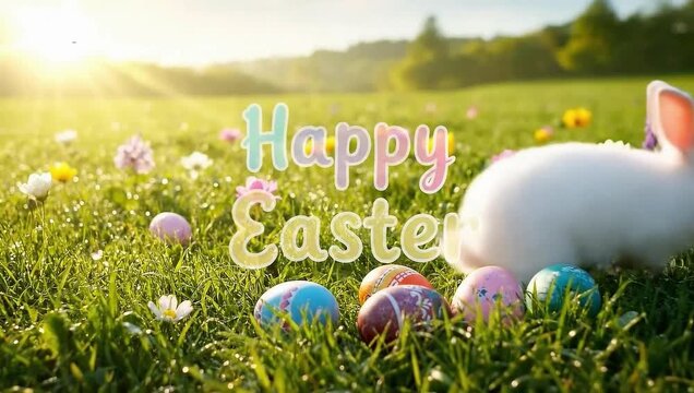 Easter egg hunt in sunny meadow, spring flowers blooming Video