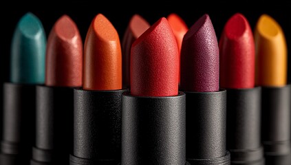A close up shot of various colorful lipsticks arranged in a row against a black background