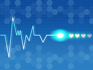Heartbeat ECG line with glowing pulse and heart icons on a blue hexagon grid background medical healthcare technology concept for banner or presentation with copy space digital vector style