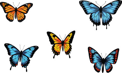 Colorful butterflies with dripping paint effect, vibrant insect wings, surreal artistic design, orange, blue, yellow, red patterns, isolated, decorative, cad drawing flat vector illustration