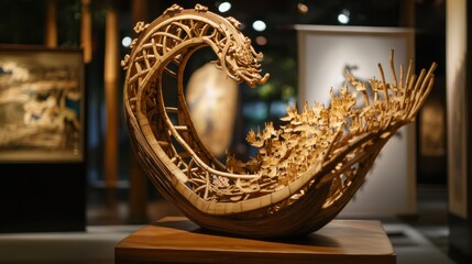 Intricate wood carving of a dragon, art gallery setting, showcasing Japanese-inspired artistry