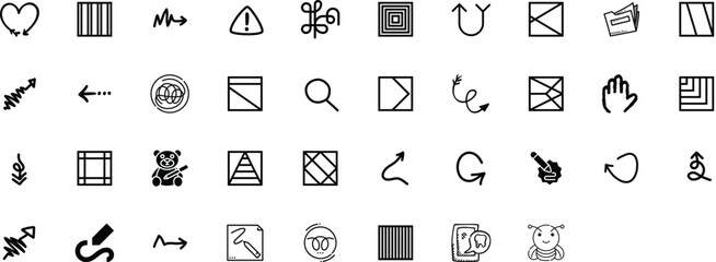 Diverse Collection of Black and White Icons and Symbols on White Background
