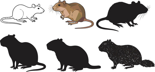 Minimalist rat mouse illustration set, line art, polygonal low poly style, silhouette animal icons, textured rodent graphic collection, cad drawing flat vector illustration