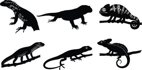 Lizard reptile silhouettes, chameleon on branch, gecko crawling, iguana standing, exotic wildlife design, black vector animal shapes, cad drawing flat vector illustration