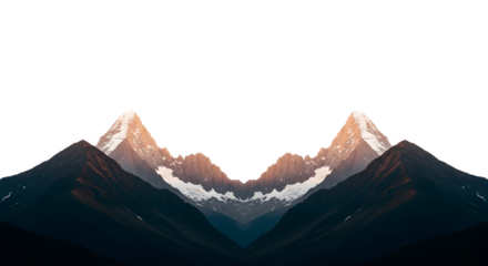 Symmetrical Mountain Peaks with Snow and Dark Green Slopes.