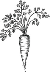 Black and white line drawing of a fresh carrot with leafy green tops and roots vegetable food