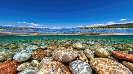 Clear lake water with colorful stones on the shore.