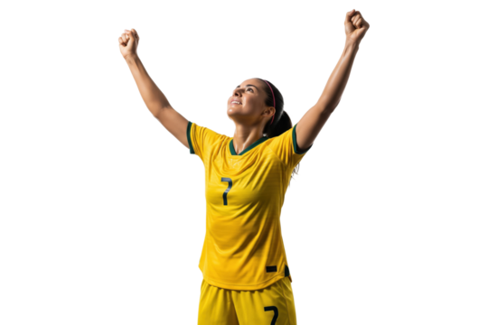 Happy Female Soccer Player Celebrating a Goal or Win with Arms Raised